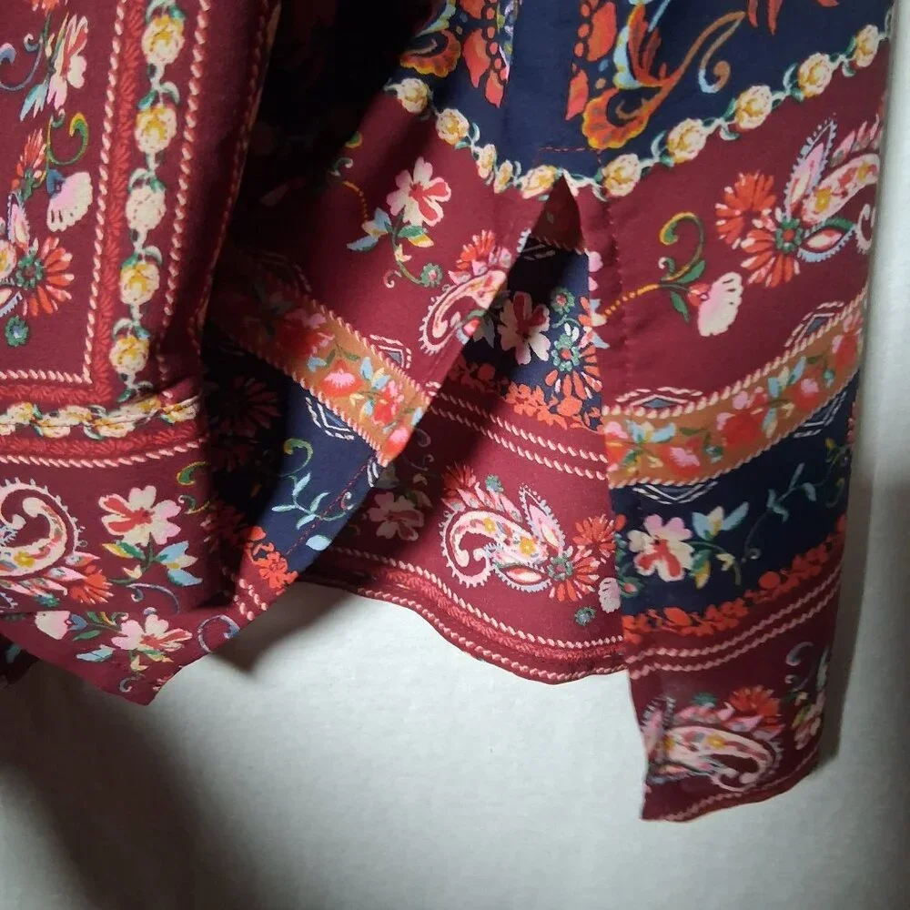 Dressbarn Blouse XL Maroon Blue Paisley Floral Tapestry Semi Sheer Long Sleeve - Picture 12 of 16